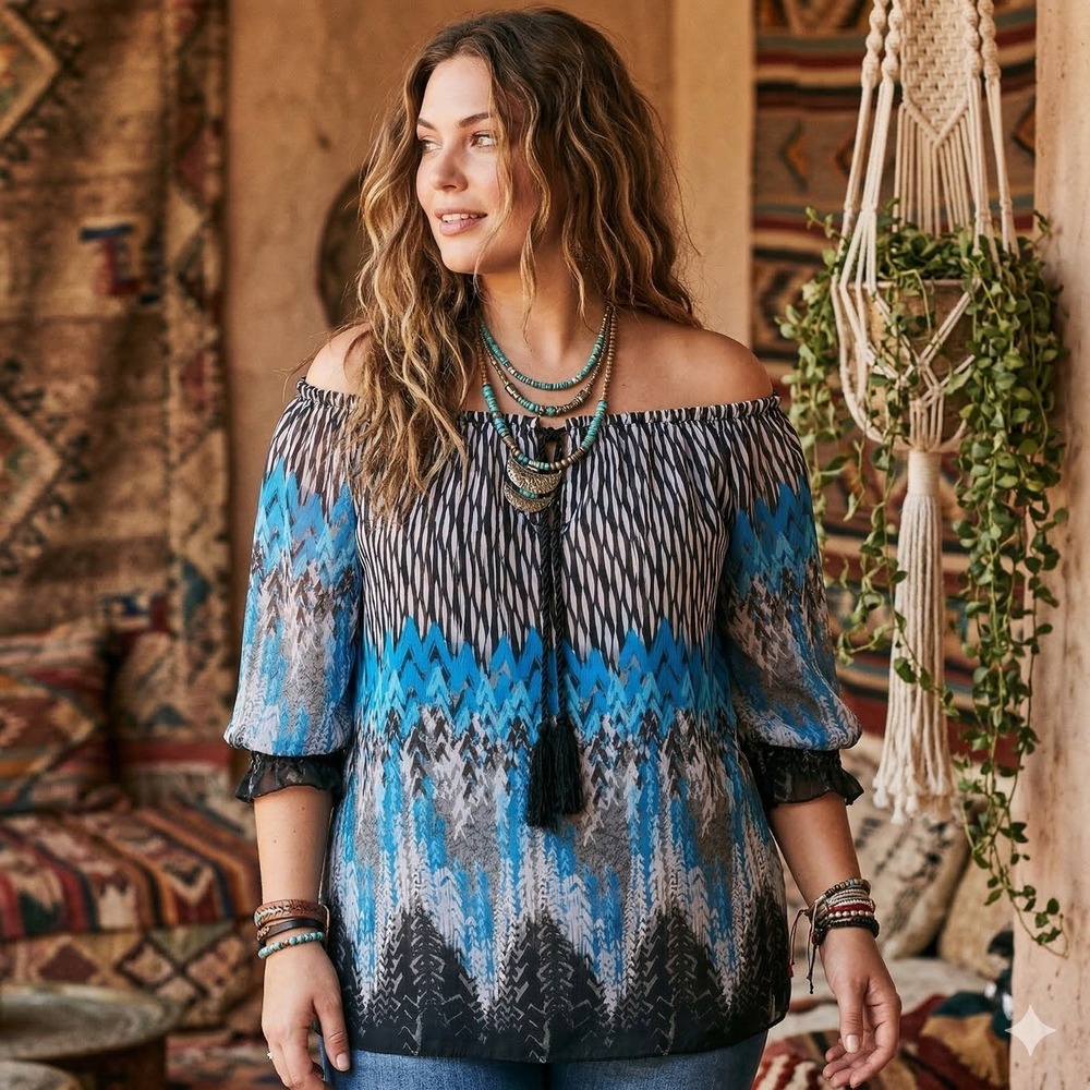 NWT Women Boho Coastal 3/4 Sleeve Off Shoulder Chiffon Top L Turquoise Coastal